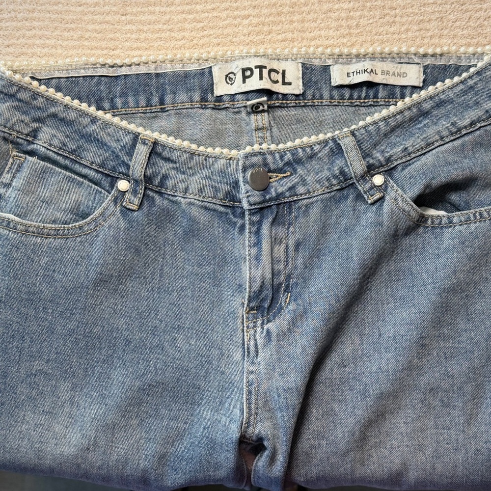 PTCL Pearl Waist Wide Leg Jeans 26 Low Rise Y2K Denim Cotton Blue - Picture 6 of 12